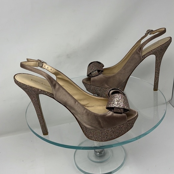 Enzo Angiolini Sz 8.5M Taupe Beige Satin and Glitter Peep Toe Stiletto Heels - Picture 7 of 11